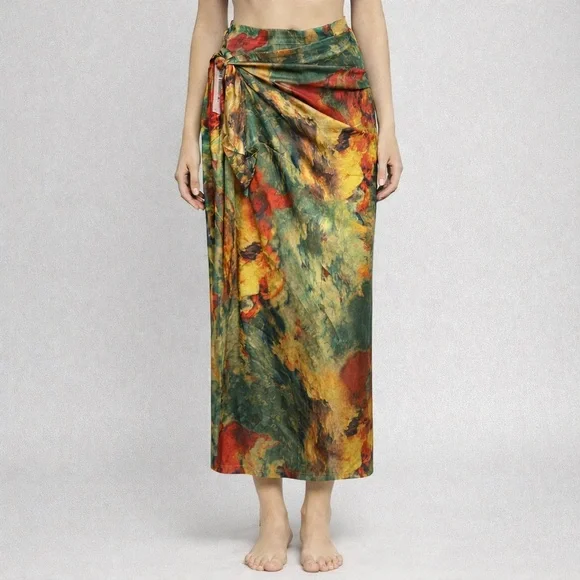 Micas Satin Front Tie Skirt Multicolor Size XS Maxi Abstract Marble Sarong - Picture 1 of 6